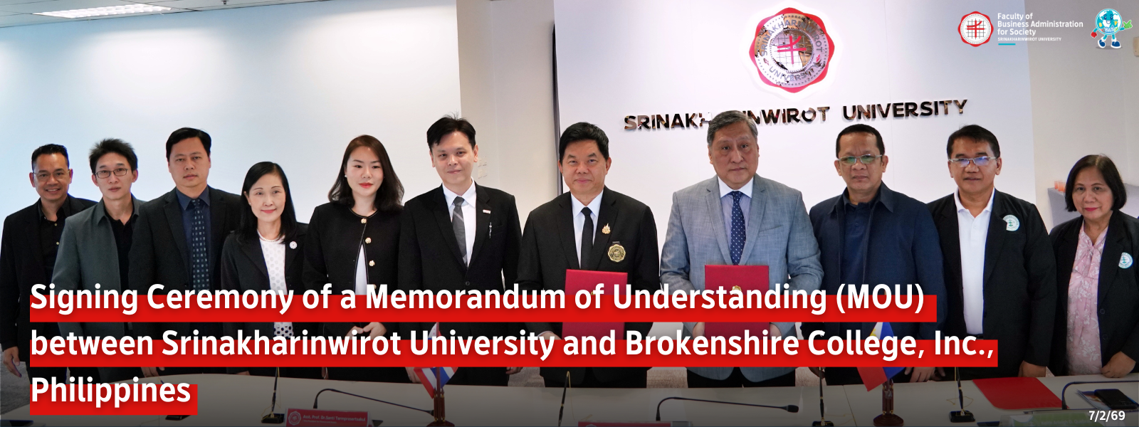 Signing Ceremony of a Memorandum of Understanding (MOU) between Srinakharinwirot University and Brokenshire College, Inc., Philippines